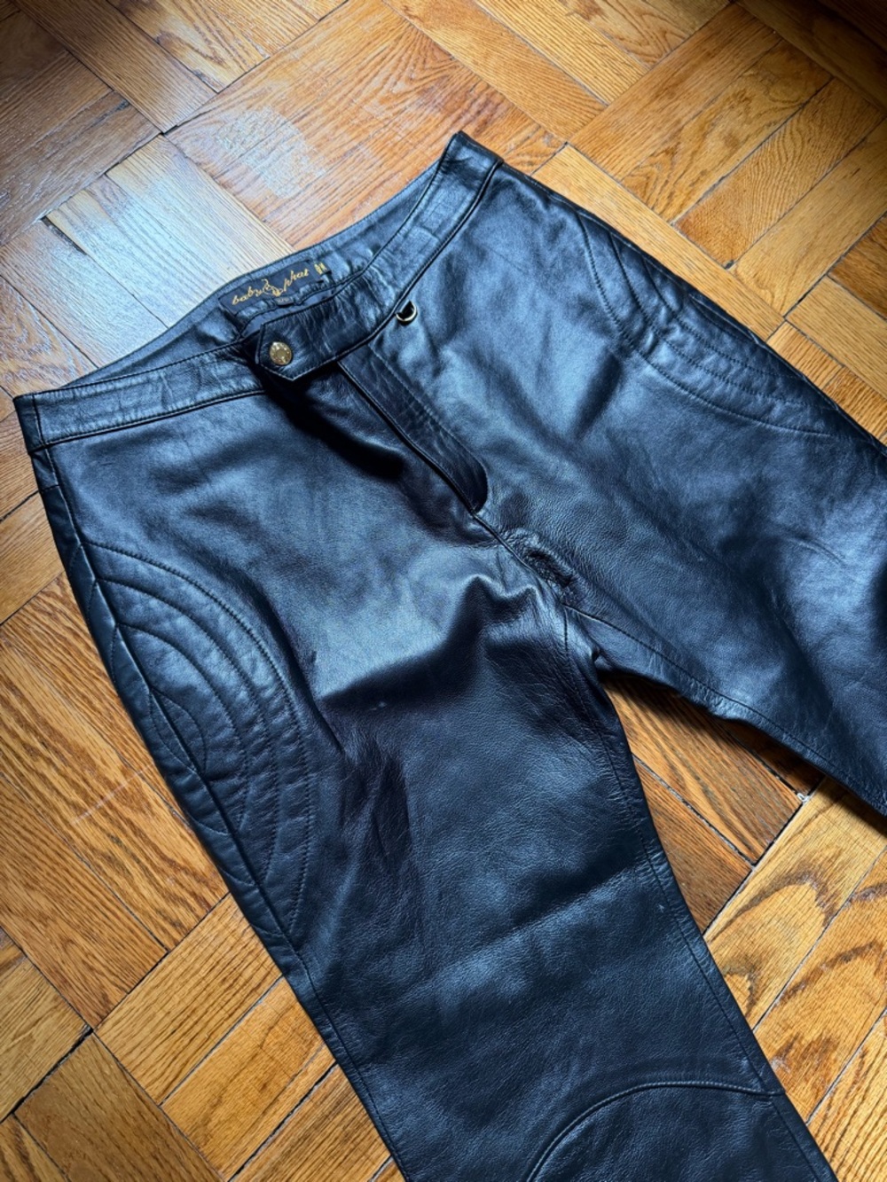 Y2K Vintage Baby Phat Black Leather Pants with Gold Hardware & Zipper Details